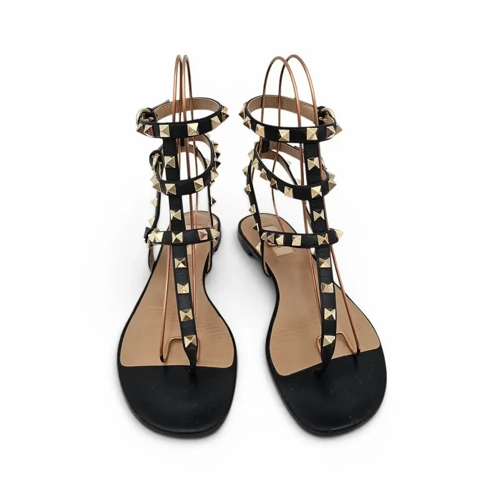Valentino Garavani Rockstud Black Leather Cage Gladiator Flat Sandal Size 39 9